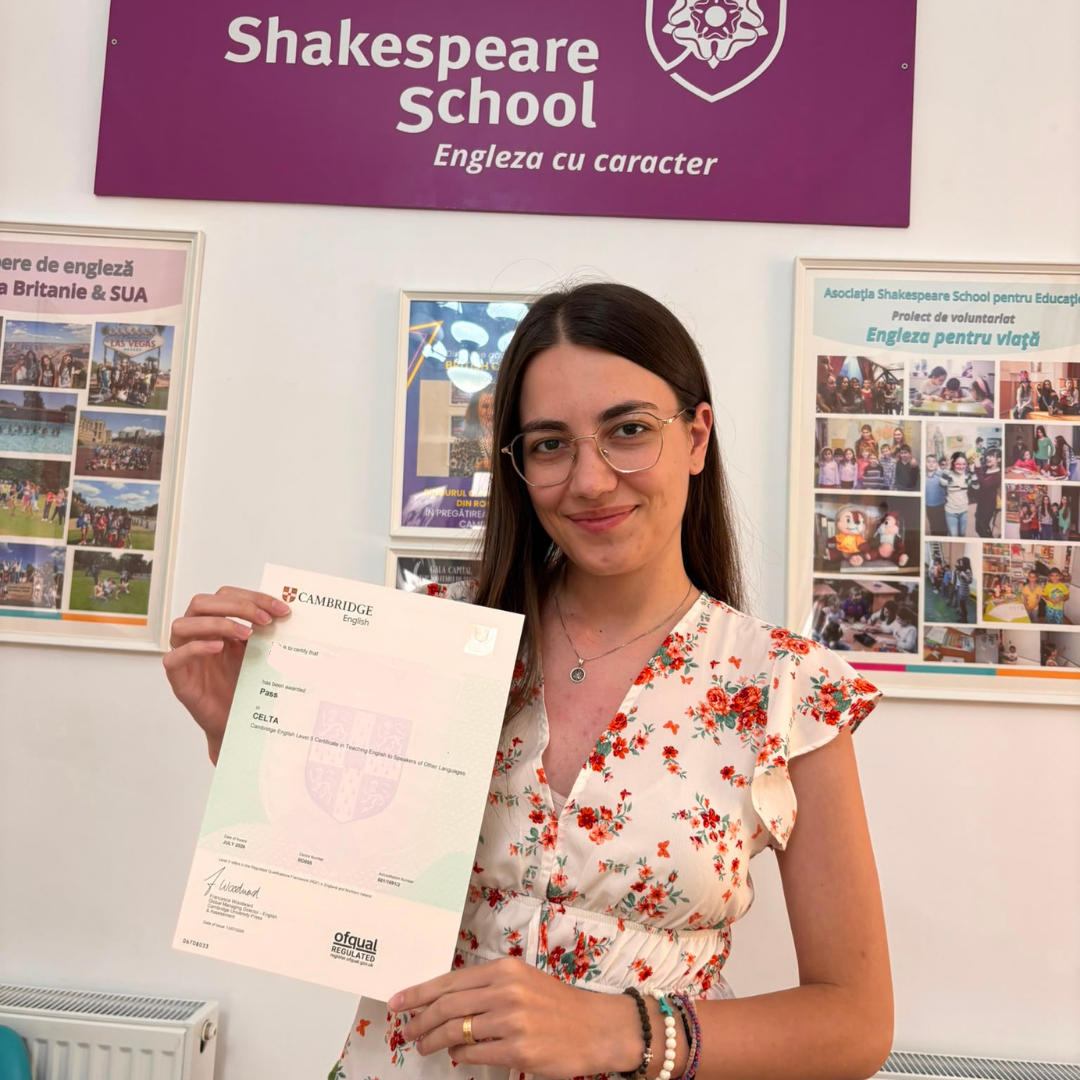CELTA graduate with certificate at Shakespeare School